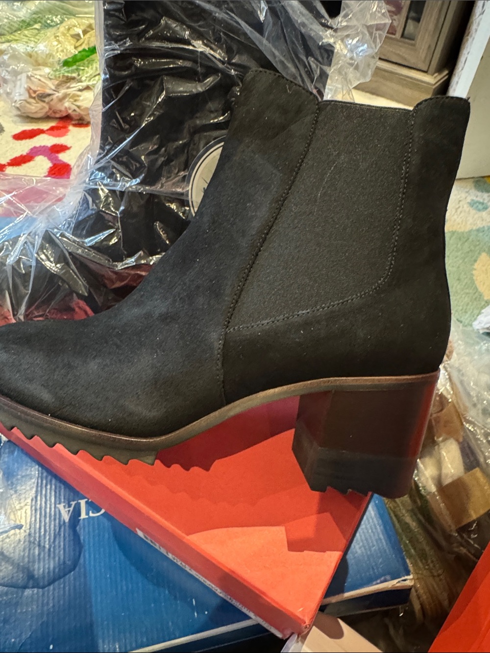 Vaneli Black Suede Chelsea Block Heel Ankle Boot